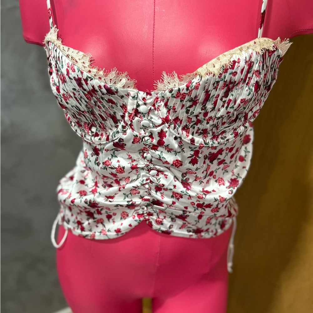 Floral Lace Trim Chemise - Cream and Red